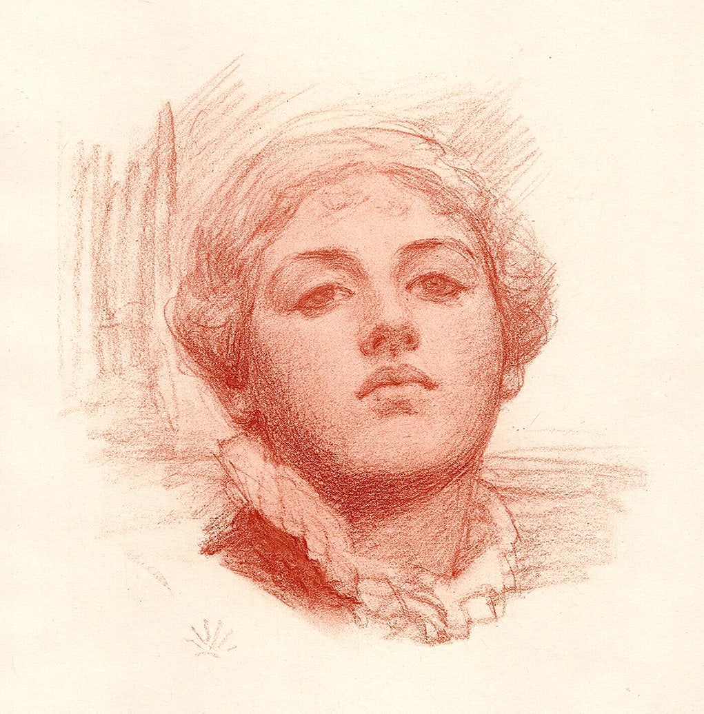 Albert Joseph Moore Antique 1884 Print Study of a Girl Woman SepiaFRAMED: Albert Joseph Moore (English, 1841 - 1893). Study of a Girls Head. Antique heliogravure on wove paper afetr the original chalk drawing by a Master Engraver. Year: 1884. Image Size 7 x 7 1/2 inches. Fr