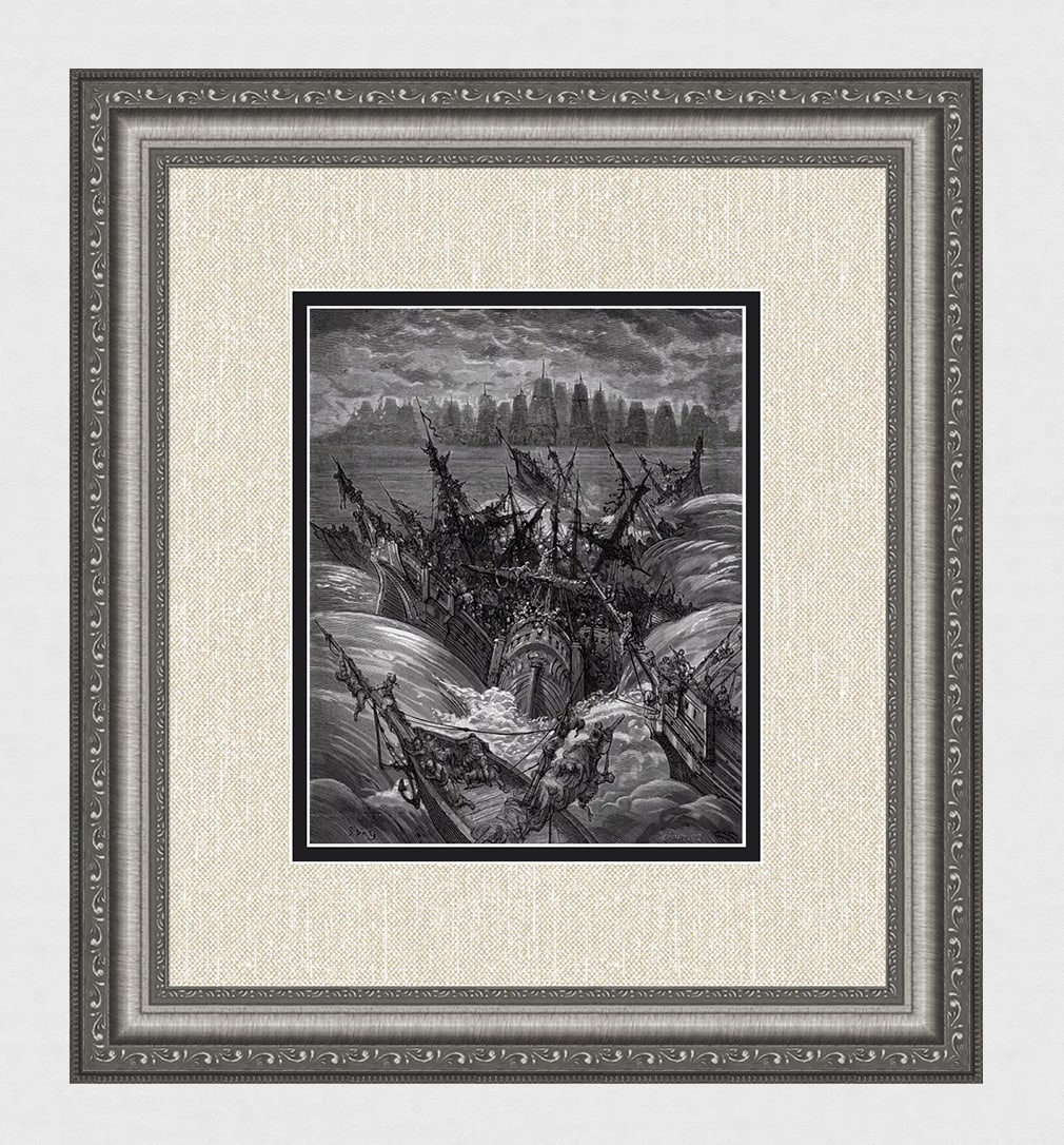 1800s GUSTAVE DORE Woodcut The Clash of Enemy Fleets SIGNED Framed: Gustave Dore (Paul Gustave Louis Christophe Dore )(French, 1832-1883). The clash of the two enemy fleets (From Orlando Furioso). Antique woodcut on wove paper after the original Illustration by master