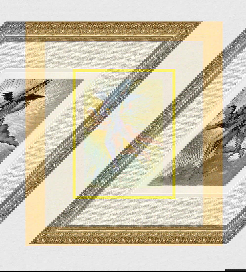 1960 Salvador Dali Guardian Angels Authentic Woodcut Signed: Salvador Dali. (1904-1989). "The Guardian Angels of the Valley" Purgatory Canto 8. Block Engraved Signature. Authentic Original Color Woodcut from The Divine Comedy Printed in 1960 on B.F.K. Rives Pap