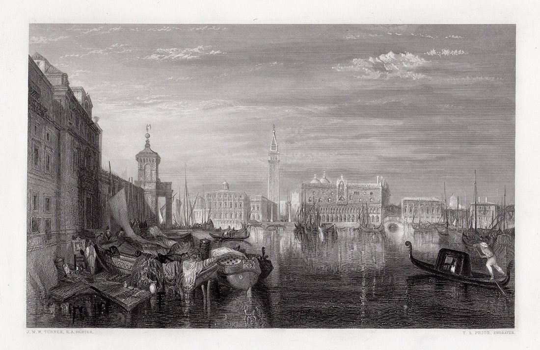 Joseph Mallord William Turner 1850 engraving Venice, The Grand Canal signed: Joseph Mallord William Turner. (English, 1775-1851). Venice, The Grand Canal. Antique engraving on wove paper after the original by master engraver Thomas Abiel Prior (English, 1809-1886). 1850. Signe