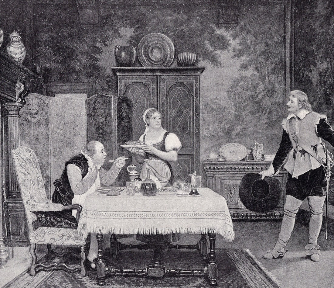 Theophile Gide 1800s Antique Print The Unwelcomed Visitor FRAMED Signed: Francois Theophile Etienne Gide (French, 1822-1890). Importunity. Antique Print after the original. Year: c.1890. Signed in the plate, lower right. Image Size 8 1/4 x 9 7/8 inches. Framed Dimensions a