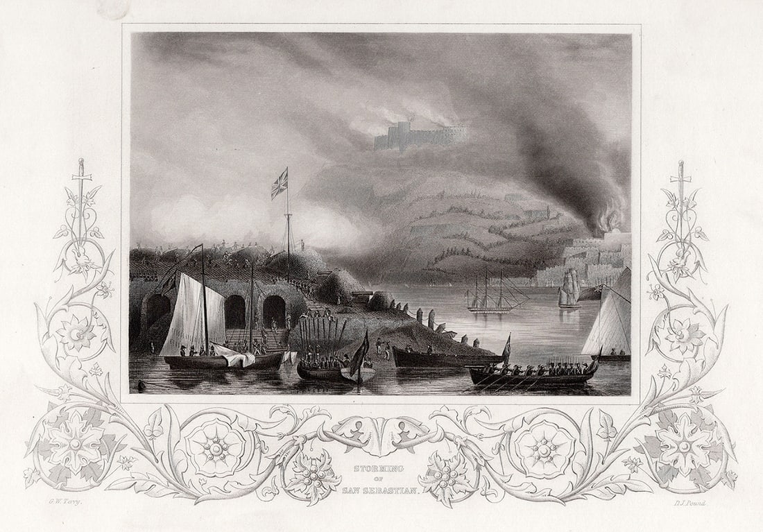 1800s George W. Terry Antique Engraving Siege of San Sebastian Signed Framed (1 of 3)