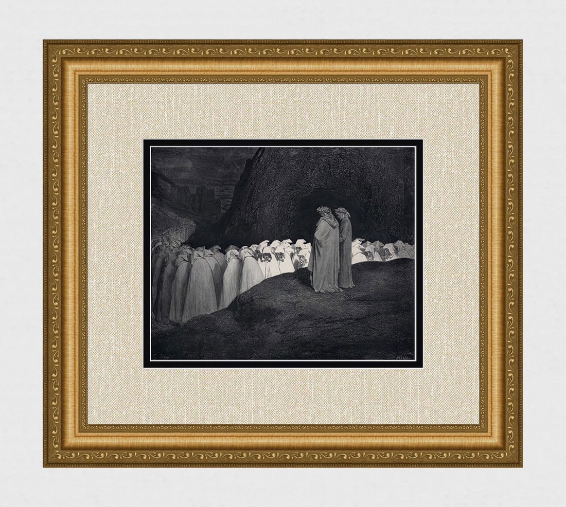 SIGNED 1800s Gustave DORE DIVINE COMEDY Woodcut Mourning Hypocrites FRAMED: Gustave Dore (Paul Gustave Louis Christophe Dore) (French, 1832-1883). Chant 23 College of the Mourning Hypocrites (from Divine Comedy, Enferno). Antique woodcut wove paper after the original by a mas