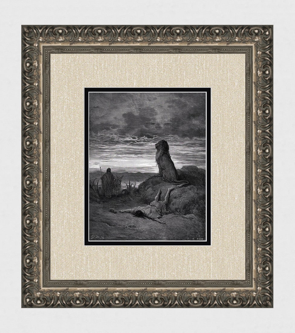 Biblical 1800s GUSTAVE DORE Woodcut The Prophet Slain by The Lion SIGNED FRAMED: Gustave Dore (Paul Gustave Louis Christophe Dore) (French, 1832-1883). The Disobedient Prophet Slain by a Lion (from Dore's Bible). Antique woodcut wove paper after the original by a master wood engra