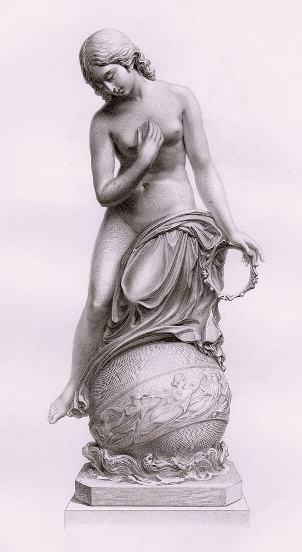 John Graham Lough The Lost Pleiad 1869 engraving: John Graham Lough. (English, 1798-1876). The Lost Pleiad. Antique engraving on wove paper after the original Statue by master engraver G. J. Stodart. 1869. Excellent. Image Size 3 1/2 x 7 7/8 inches.