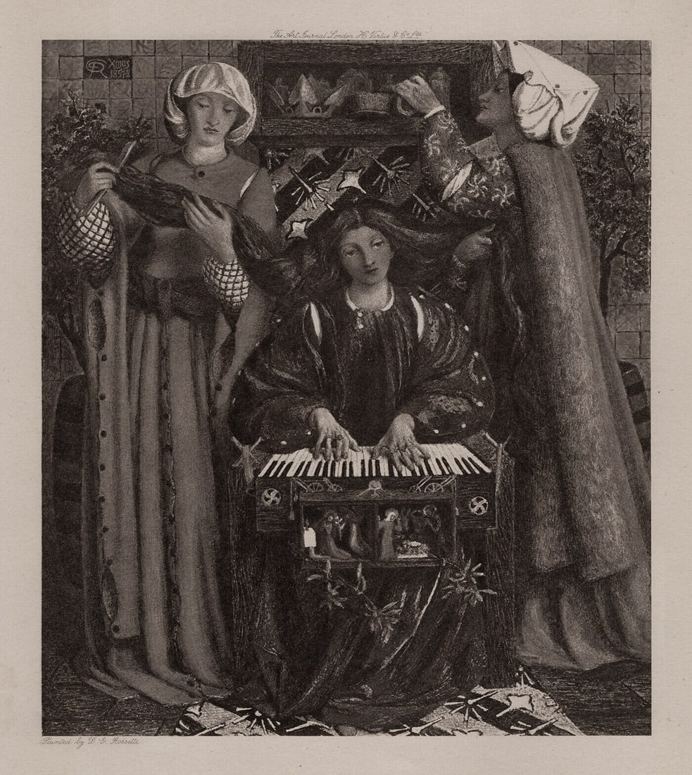 GABRIEL DANTE ROSSETTI Antique Print CHRISTMAS CAROL Signed Framed: Dante Gabriel Rossetti (English, 1828-1882). A Christmas Carol. Antique heliogravure on wove paper after the original by Master Engraver. Year: 1902. Signed in the plate, lower left. Image Size 7 1/8