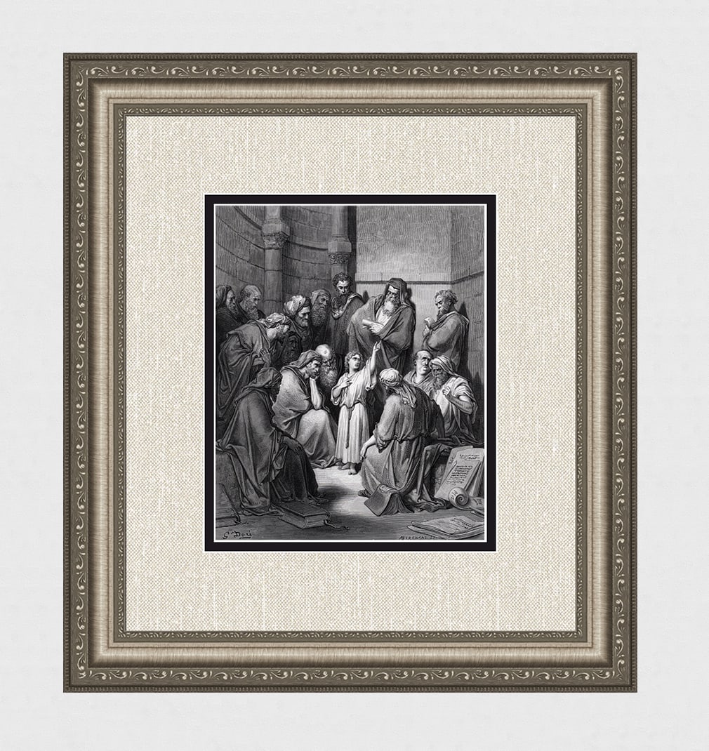 GUSTAVE DORE 1800s Biblical Wood Engraving Boy Jesus Amazes the Scholars SIGNED Framed: Gustave Dore(Paul Gustave Louis Christophe Dore) (French 1832-1883). Jesus with the Doctors (from Dore's Bible). Antique Wood Engraving wove paper after the original by a master wood engraver Antoine
