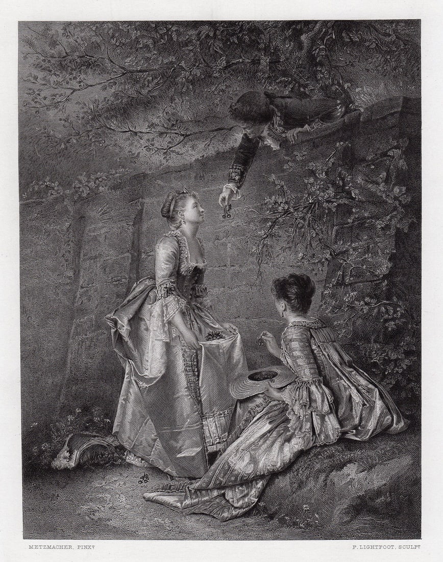 1872 Emile Pierre Metzmacher Cherries Ripe! engraving signed: emile Pierre Metzmacher (French, 1815-1890). Cherries Ripe!. Antique Engraving on wove paper after the original by master engraver Peter Lightfoot (British, 1805 - 1885). 1872. Signed in the plate. Ex