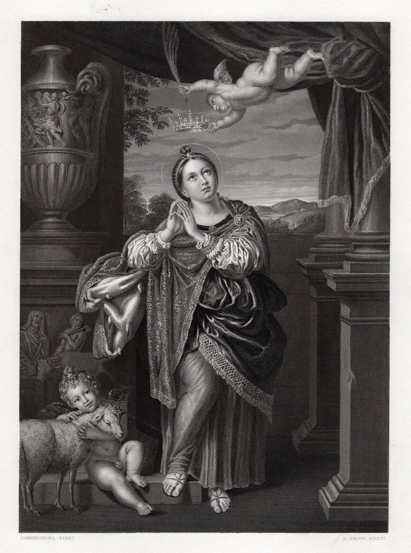 FRAMED 1800s Domenichino Engraving Agnes of Rome SIGNED: Domenichino (Domenico Zampieri, known as Domenichino for his shortness) (Italian, 1581 - 1641). St. Agnes. Antique engraving on wove paper after the original by master engraver Samuel S Smith (British
