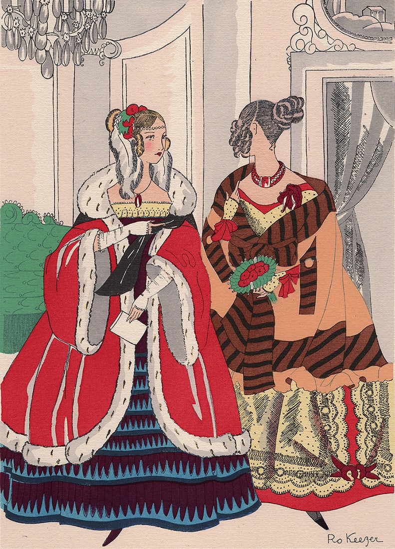 FRAMED Ro Keezer Vintage Fashion Pochoir Exit from the Opera SIGNED Framed: Rosa Sara (Ro) Keezer (Dutch, 1905 - 2003). La sortie de l'Opera (The exit from the Opera). Vintage color pochoir on wove paper. Year: 1930. Signed in the plate, lower right. Image Size 7 1/8 x 10 1/8