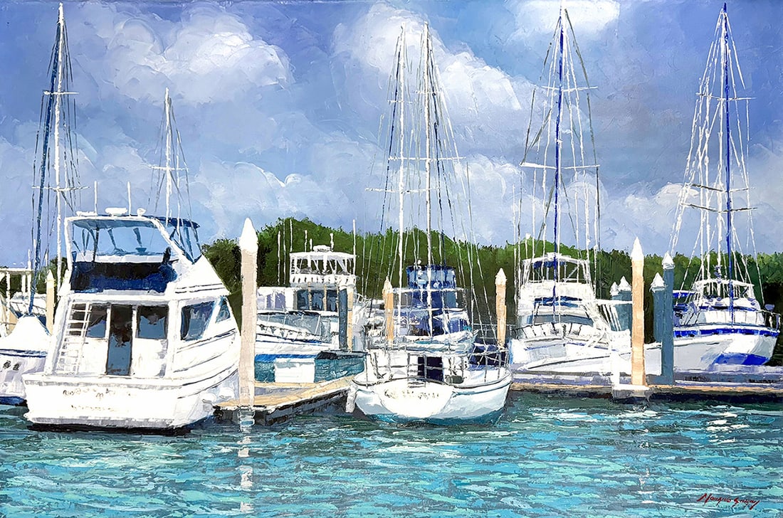 Mauricio Garay Original Painting Marina XXIII 24 x 36 inches: Mauricio Garay. Marina XXIII. Original oil painting on canvas. Canvas Size 24 x 36 inches. Mauricio Garay began to arouse his interest in art at an early age, with some artistic guidance from his uncl