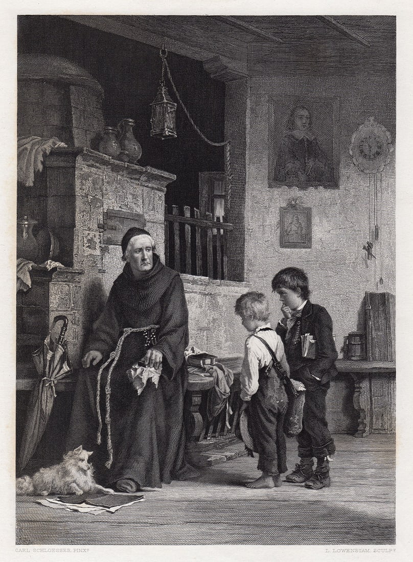 Carl Schloesser Priestly Admonition engraving signed: Carl Schloesser. (German, 1832- 1914). Priestly Admonition. Antique Steel Engraving on wove paper after the original Master Engraver Leopold Henry Lowenstam (Dutch, 1842-1898). 1879. Signed in the pla