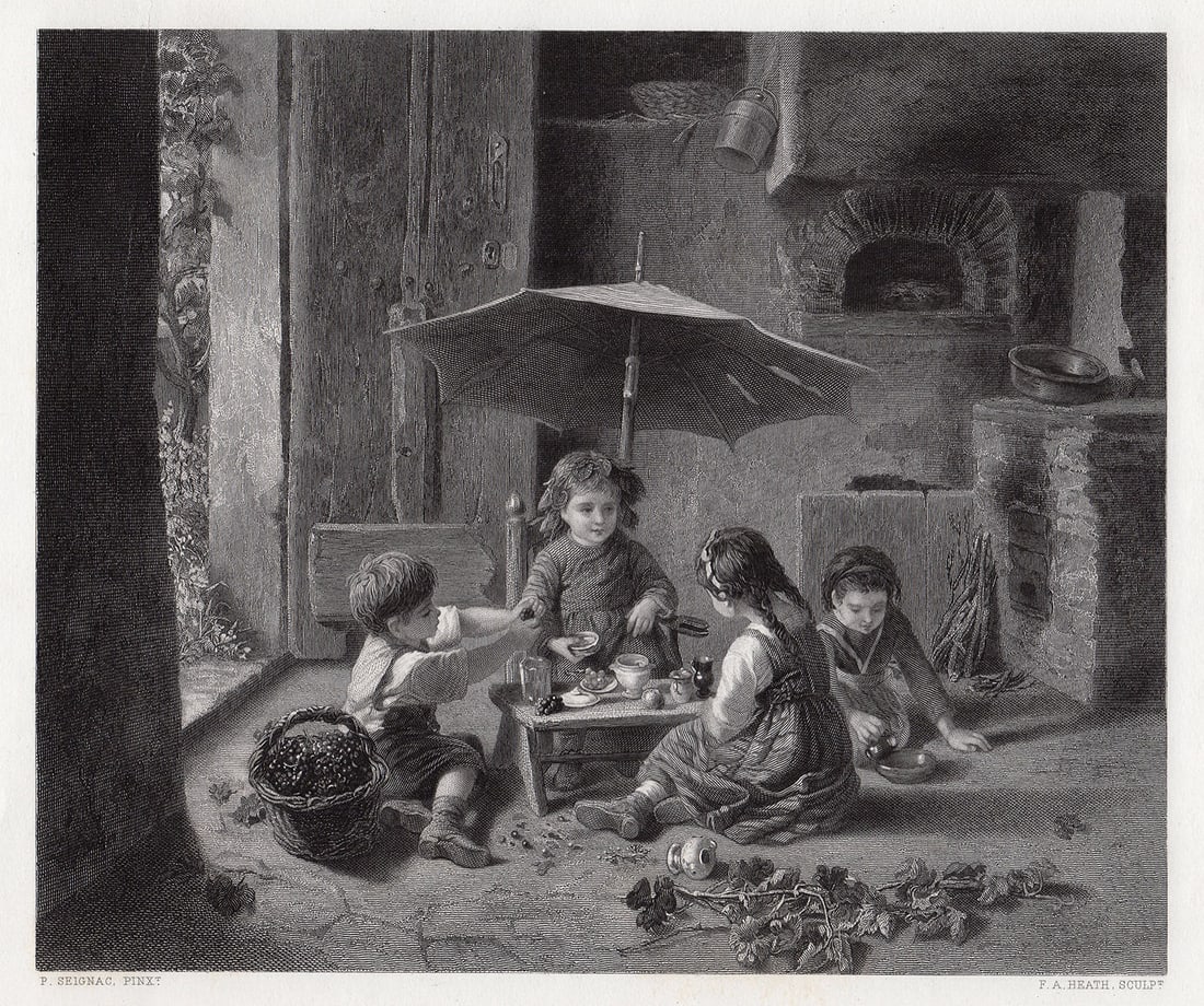 Paul Seignac The Queen of the Vineyard engraving signed: Paul Seignac. (French, 1826 -1904). The Queen of the Vineyard. Antique Steel Engraving on wove paper after the original Master Engraver F. A. Heath. 1879. Signed in the plate. Excellent. Image Size 7