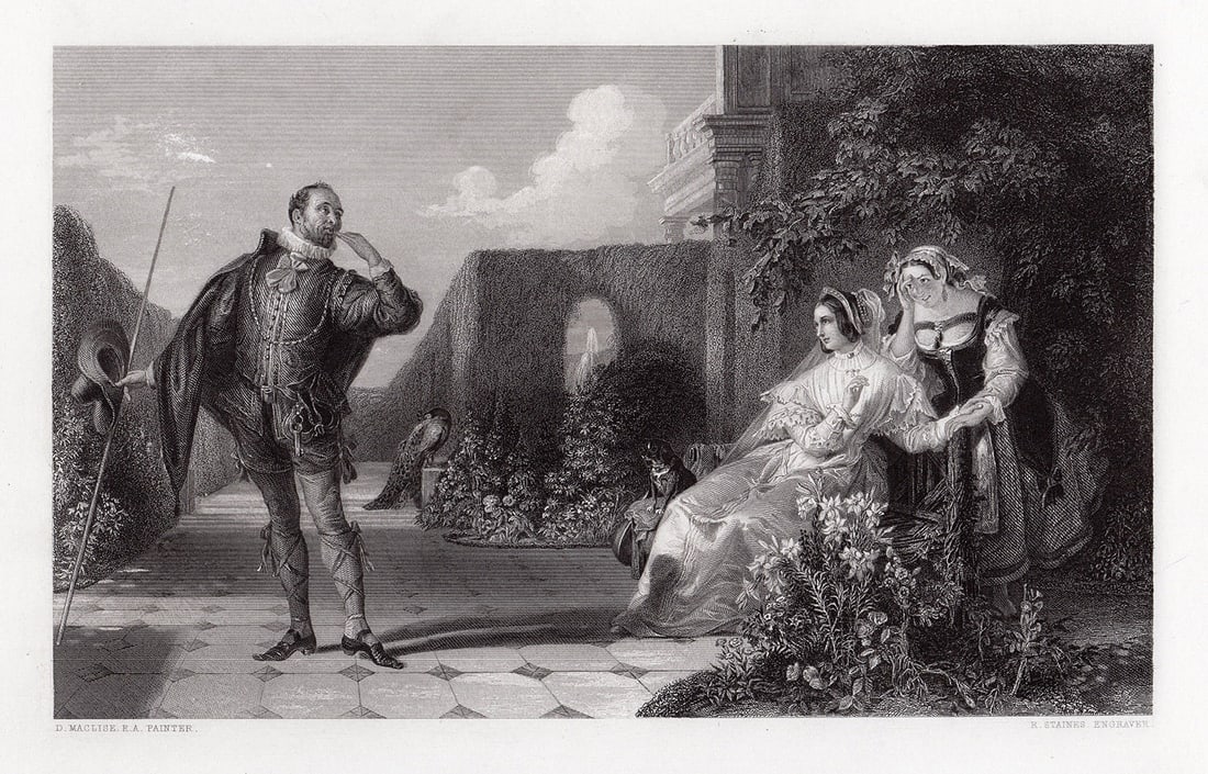 Daniel Maclise 1849 engraving Twelfth Night signed: Daniel Maclise. (Irish, 1806-1870). Scene from 'Twelfth Night’ ('Malvolio and the Countess’). Antique engraving on wove paper after the original oil paint on canvas by master engraver Robert Stain
