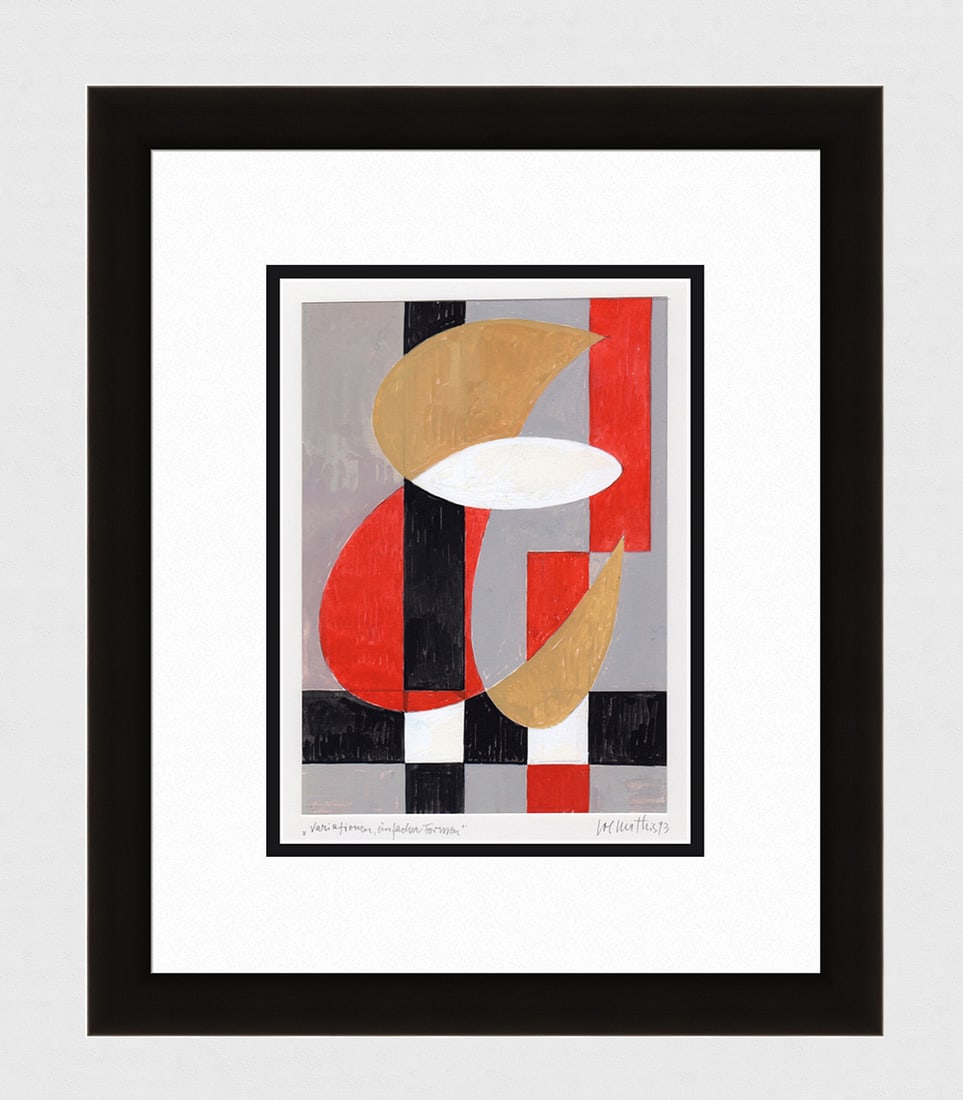 Mathis Original Gouache Variations of a Simple Form Framed Swiss: Josef Johann Mathis (Joe Mathis, 1913 - 2002; Swiss). Variations of a Simple Form (Varianten, einfacher Formen). Original Mixed Media Gouache on paper. Year: 1993. Hand signed and dated in pencil, low
