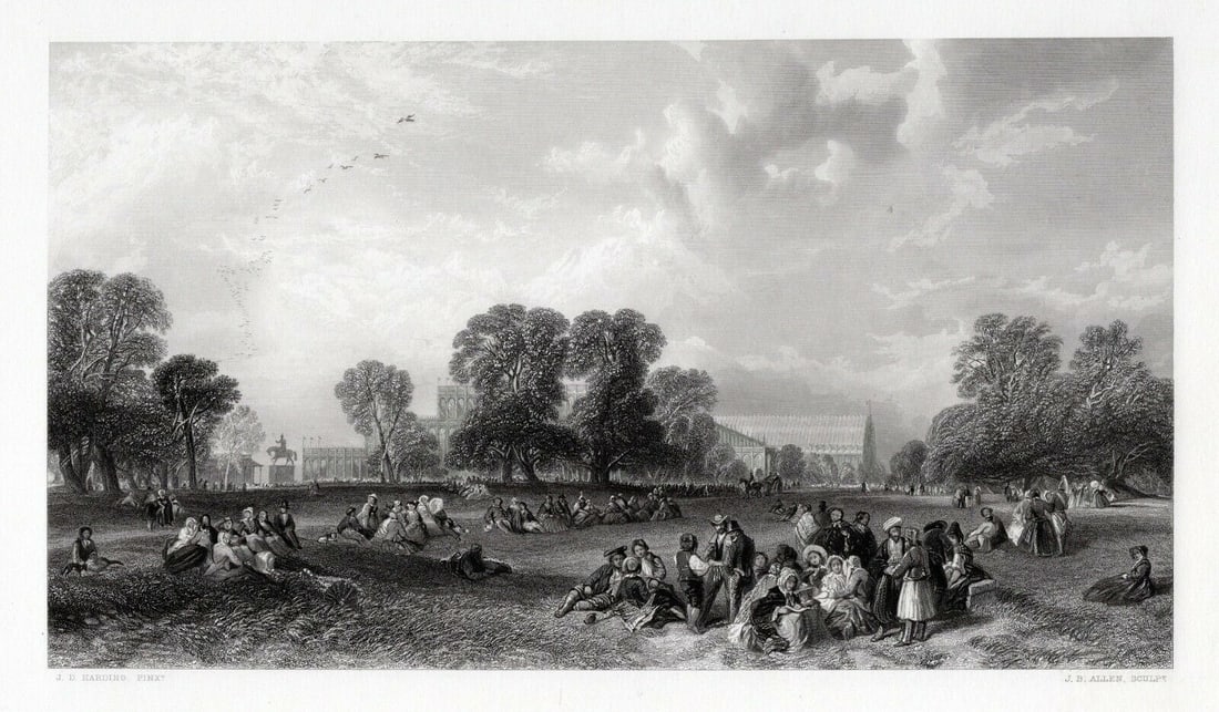 1800s James Duffield HARDING Engraving Hyde Park in 1851 FRAMED COA: James Duffield Harding (English, 1798-1863). Hyde Park In 1851. Antique engraving on wove paper after the original drawing by master engraver James Baylis Allen(British, 1803 - 1876). Year: 1856. Imag