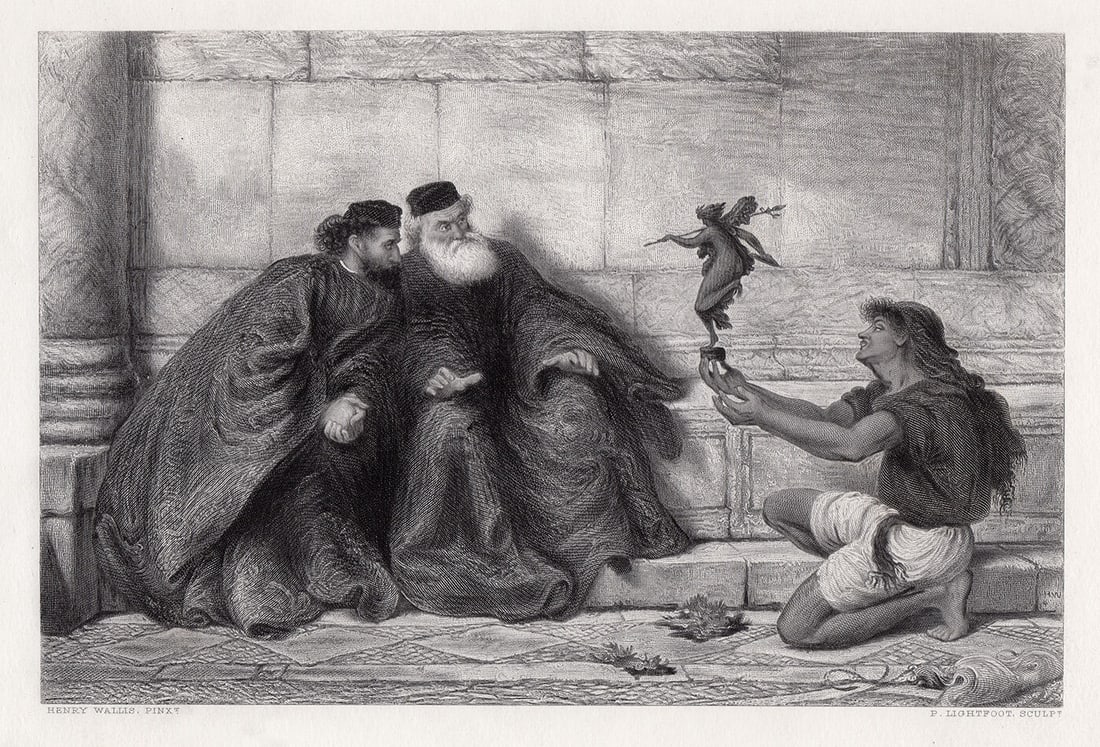 Henry Wallis Found at Naxos 1878 engraving: Henry Wallis. (English,1830 - 1916). Found at Naxos. Antique steel engraving on wove paper after the original by master engraver P. Lightfoot. 1878. Signed in the plate. Excellent. Image Size 6 3/4 x