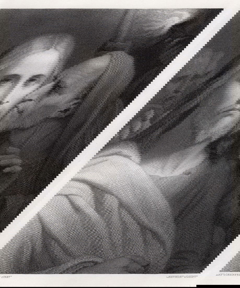 Ary Scheffer The Kiss of Judas 1869 engraving: Ary Scheffer. (Dutch-French, 1795-1858). The Kiss of Judas. Antique engraving on wove paper after the original by master engraver Louis Adolphe Chevron (born 1854). 1869. Signed in the plate. Excellen