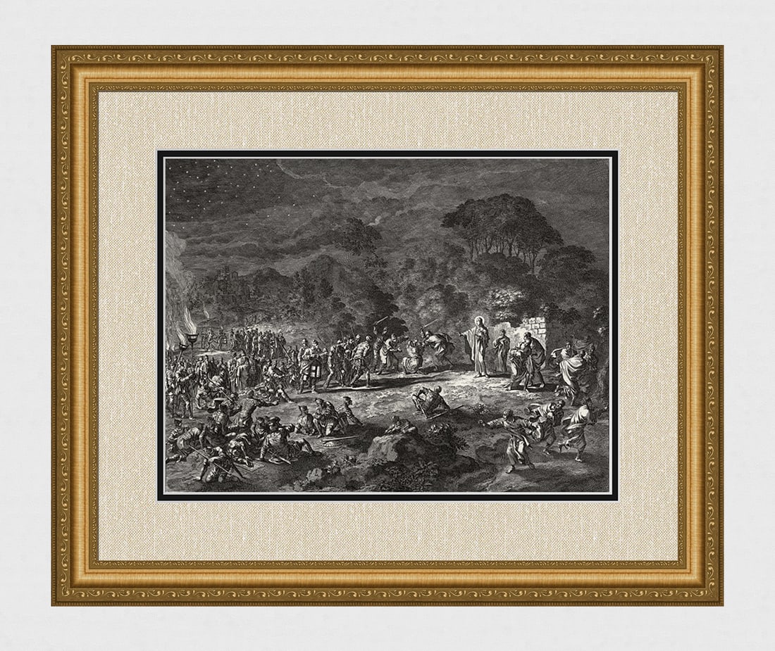 1747 Monumental Engraving Jan Luyken Saint Peter cuts off Malchus's ear Framed: Jan Luyken (Dutch, 1649 - 1712). Saint Peter cuts off Malchus's ear. Antique engraving on laid paper. Year: 1747. Publisher: Frans Houtteyn. Reference: Hollstein / Dutch and Flemish etchings, engravin