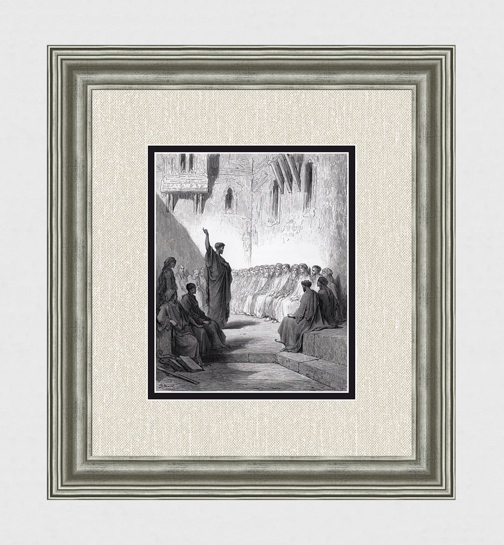 1800s Gustave DORE Wood Engraving St. Paul Preaching to the Thessalonians SIGNED FRAMED: Gustave Dore(Paul Gustave Louis Christophe Dore (French,1832-1883). St. Paul Preaching to the Thessalonians (from Dore's Bible). Antique Wood Engraving wove paper after the original by a master wood e
