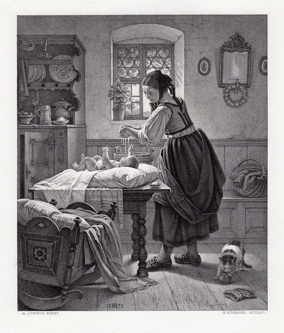 Augustus Ludwig mother and Child 1878 engraving signed: Augustus (or Augusta) Ludwig (German, 1834 - 1901). The Toilette. Antique steel engraving on wove paper after the original by master engraver H. Burkner. 1878. Signed in the plate. Excellent. Image Si