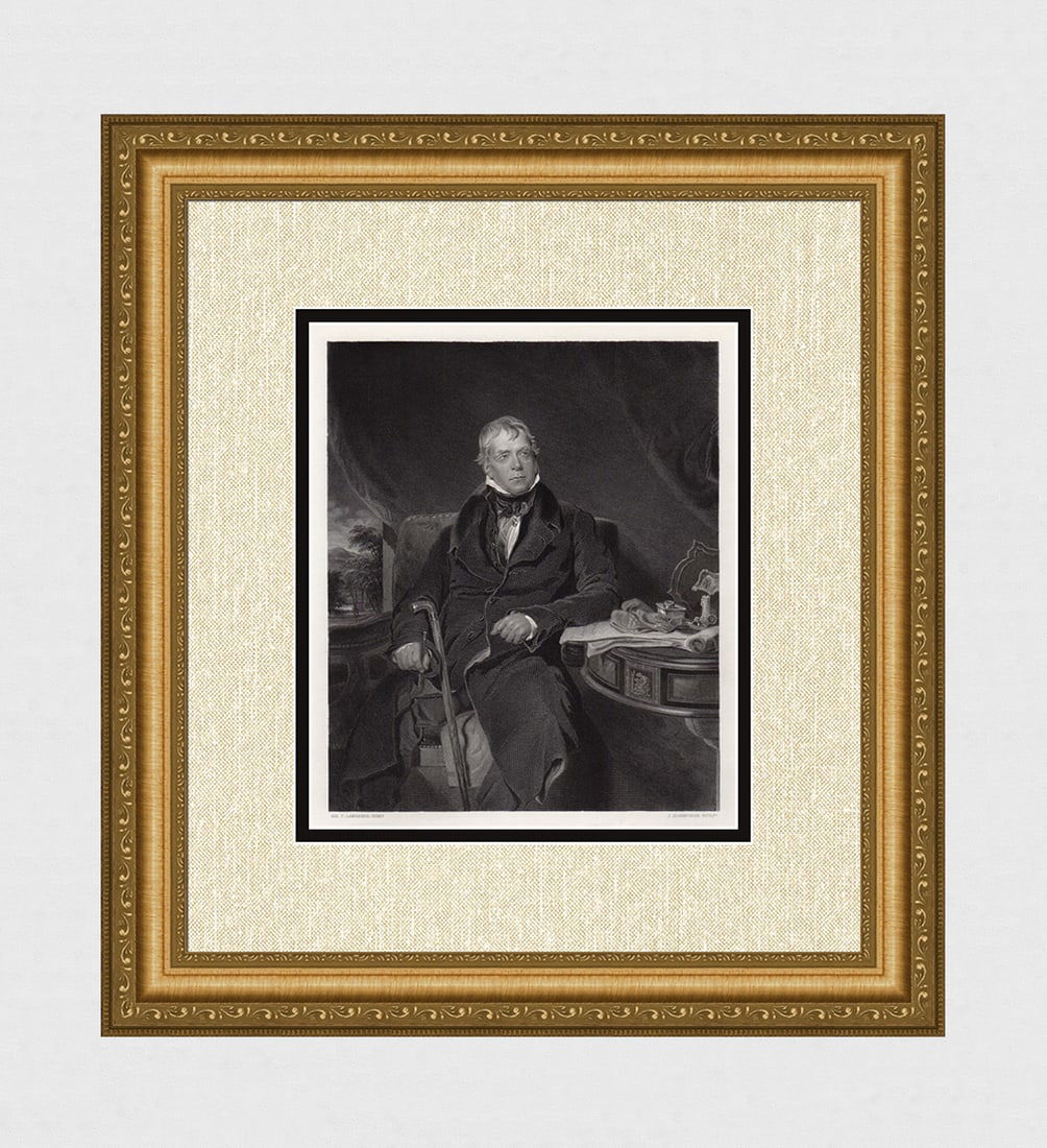 Thomas LAWRENCE 1858 Portrait Engraving SIR WALTER SCOTT Framed Signed COA: Sir Thomas Lawrence (English, 1769 - 1830). The Sir Walter Scott, Bart. Antique engraving on wove paper after the original oil on canvas by master engraver John Horsburgh (Scottish, 1791 - 1869). Sign