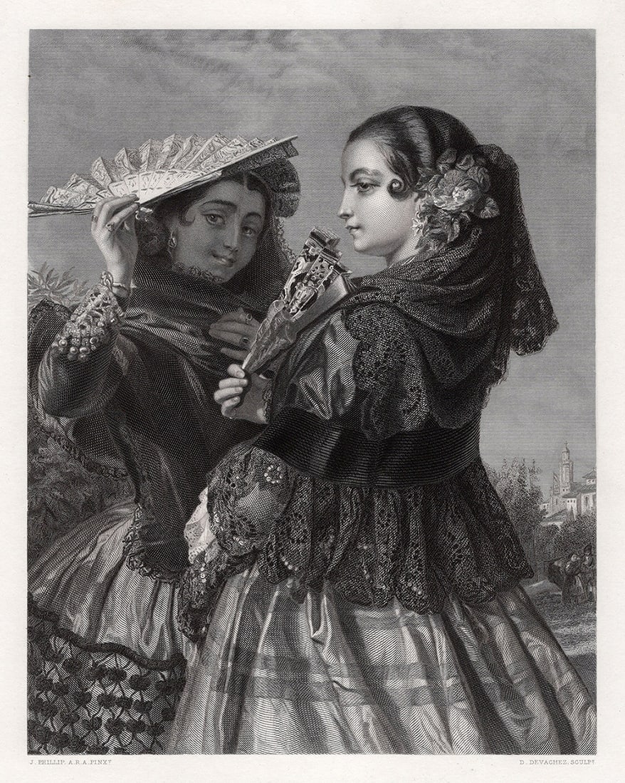 JOHN PHILLIP 1800s Engraving Spanish Sisters holding Fans FRAMED Signed: John Phillip (British, 1817-1867). The Spanish Sisters. Antique engraving on wove paper after the original by master engraver David Joseph Desvachez (French, 1822-1902). Signed in the plate. Year: 185