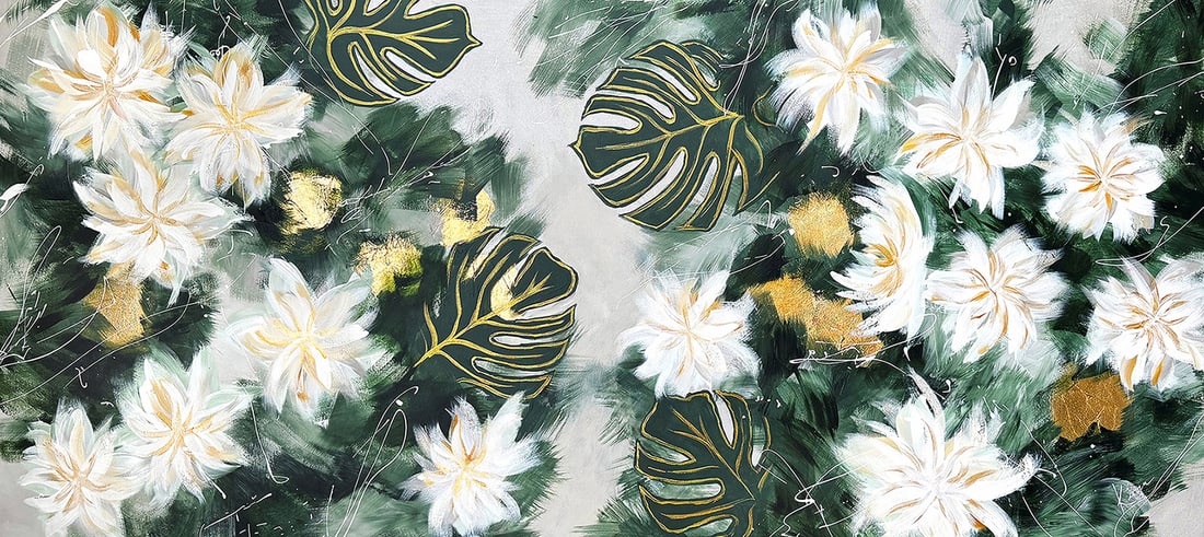Kierra Maillette Original Painting Monstera Garden 30 x 66 inches: Kierra Maillette (1997 - ). Monstera Garden. Original Acrylic painting on canvas. Signed lower right. Canvas Size 30 x 66 inches. Kierra Maillette (1997 - ), born in Chicago, IL, has had a passion for