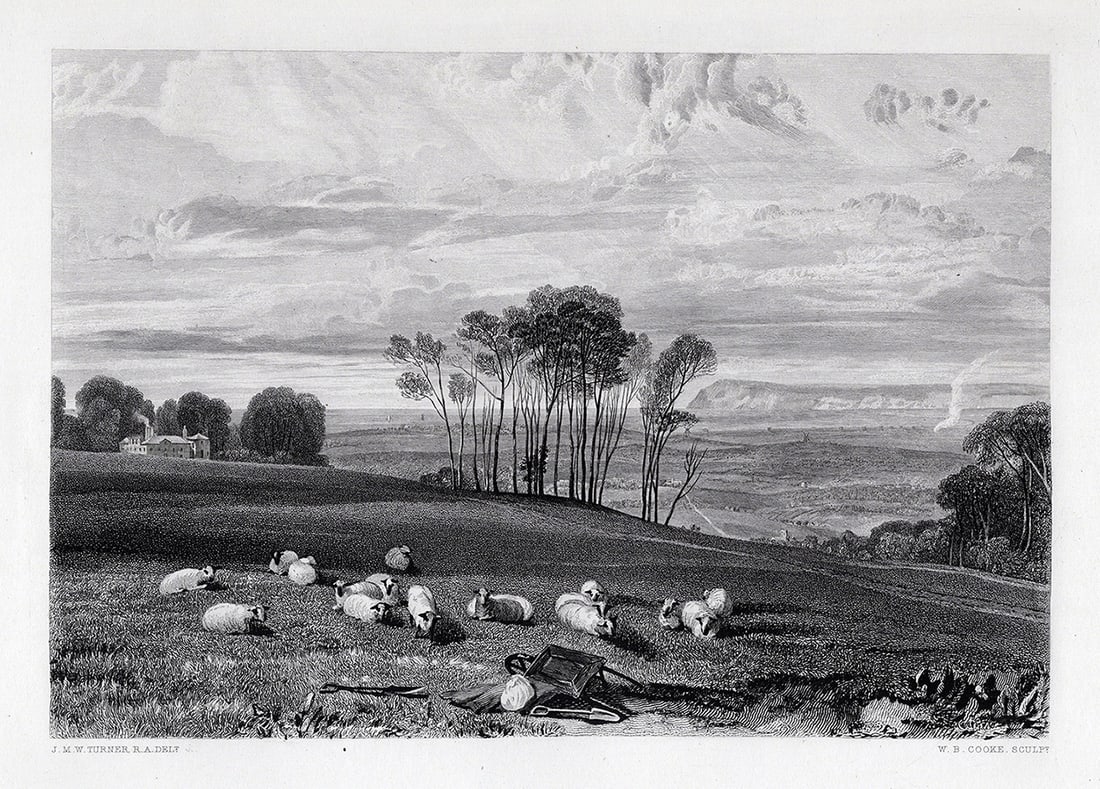 William TURNER SIGNED 1800s Engraving Pevensey Bay Framed: Joseph Mallord William Turner (English, 1775-1851). Pevensey Bay, from Crowhurst Park. Antique engraving on wove paper after the original by master engraver William Bernard Cooke (British, 1778-1855).