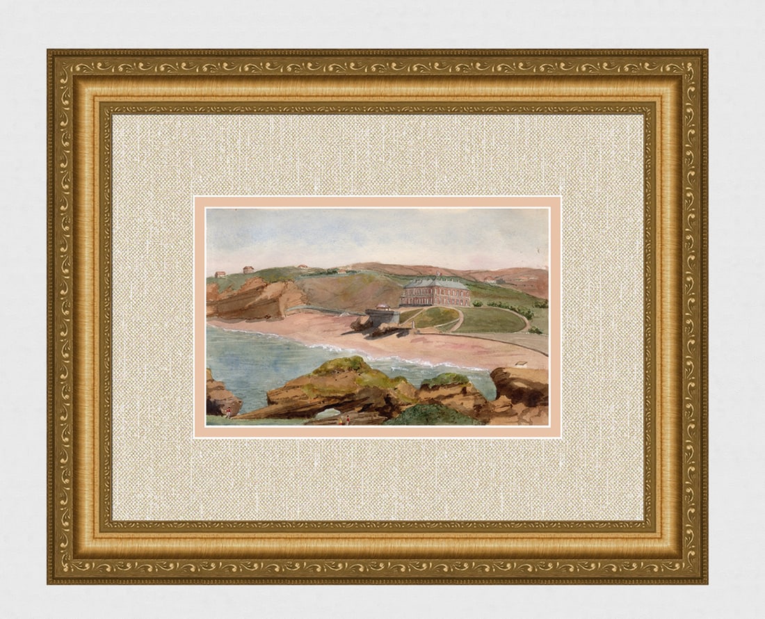 1800's Hepburn Watercolor Biarritz Seaside: Agnes Buchan-Hepburn (1836 - 1926). Biarritz Seaside. Original watercolor on wove paper. Painted between 1863 - 1891. Image size 5 7/8 x 9 1/8 inches. Framed dimensions approximately 16 x 19 inches. T