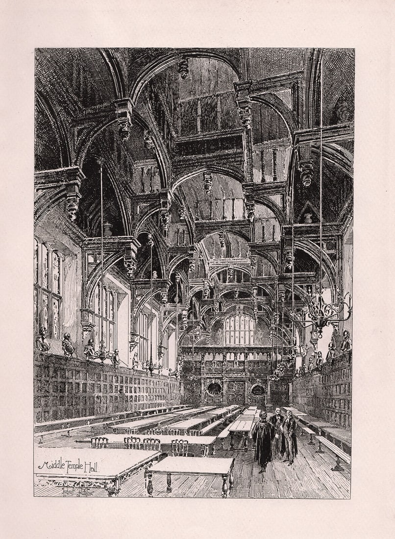 1892 Herbert Railton Middle Temple Hall etching signed: Herbert Railton. (English, 1857-1910). Middle Temple Hall (The Honourable Society of the Middle Temple). Antique hand pulled copper plate etching on wove paper. 1892. Signed in the plate, lower left.