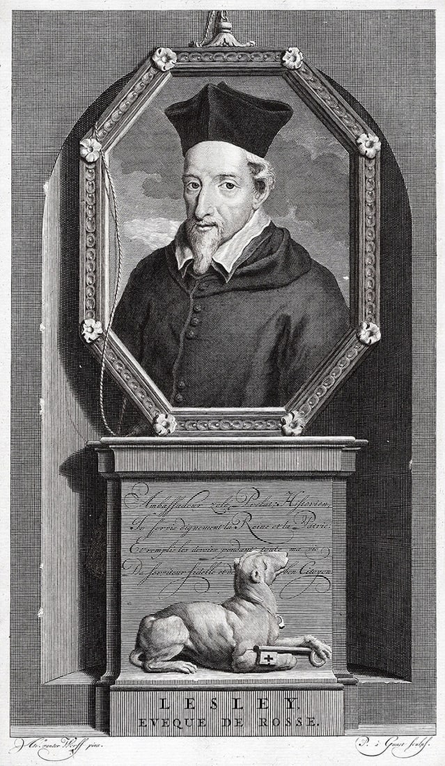 Adriaen van der Werff 1697 Engraving John Leslie, Bishop of Ross Framed: Adriaen van der Werff (1659 - 1722). John Leslie, Bishop of Ross (born Sept. 29, 1527, Scotland—died May 31, 1596, near Brussels). Antique engraving on laid paper after the original by master engrav