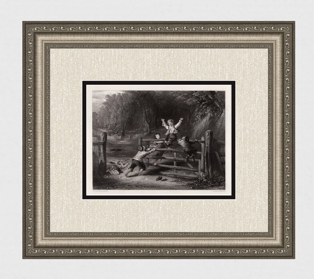 1800s WILLIAM COLLINS SIGNED Engraving Where Children Play FRAMED: William Collins (English, 1788 - 1847). The Woodland Gate. Antique Engraving on wove paper after the original by master engraver Charles Cousen (British, c.1819 - 1889). Year: 1850. Signed in the plat