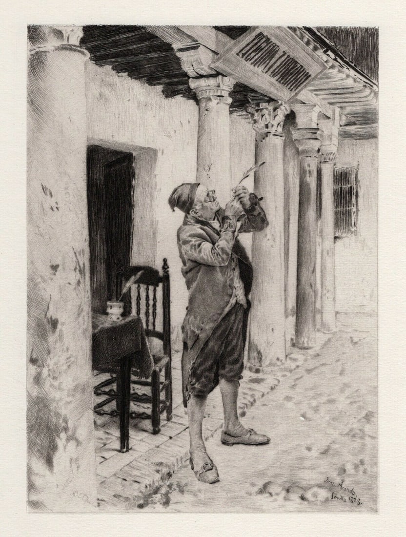 Jose Jimenez Aranda 1800s Etching A Public Writer at Seville Framed Signed COA: Jose Jimenez Aranda (Spanish, 1837 - 1903). A Public Writer At Seville. Antique etching on wove paper after the original by master engraver edouard Delduc (French 19th Century). Year: 1885. Signed in