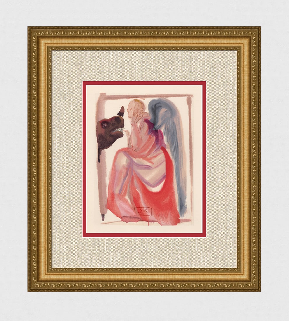 1960 Salvador Dali Mercury Authentic Woodcut Signed Framed: Salvador Dali. (1904-1989). "The Sphere of Mercury" Paradise Canto 6. Authentic Original Color Woodcut from The Divine Comedy Printed in 1960 on B.F.K. Rives Paper ( this is not a reproduction, copy,