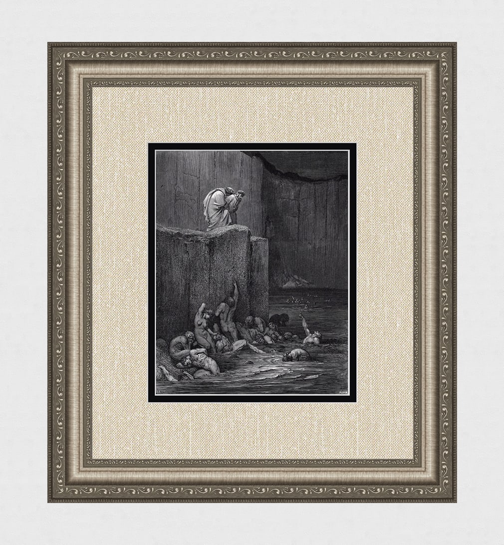 GUSTAVE DORE 1800s Woodcut "The Punishment Of Flatterers" FRAMED Signed: Gustave Dore (Paul Gustave Louis Christophe Dore) (French, 1832-1883). Chant 18 The Punishment Of Flatterers (from Divine Comedy Inferno). Antique woodcut on wove paper after the original by master wo