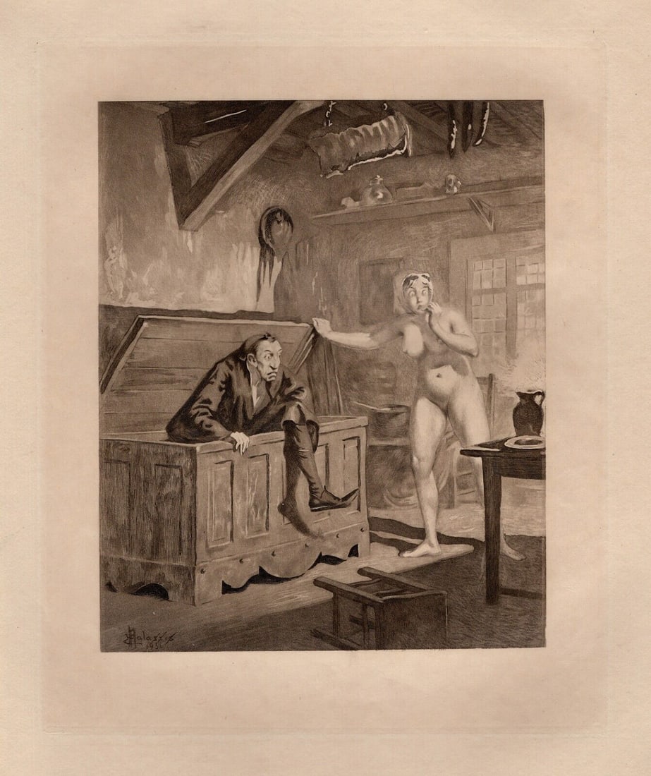 Edmond MALASSIS SIGNED Engraving The Dishonest Couple Limited Framed: Edmond Malassis (French, 1874 - 1944). Hidden Secrets III (Secrets cachés II) (Cent Nouvelles Nouvelles). Vintage copper plate engraving in black ink on Velin paper after the original by master engra