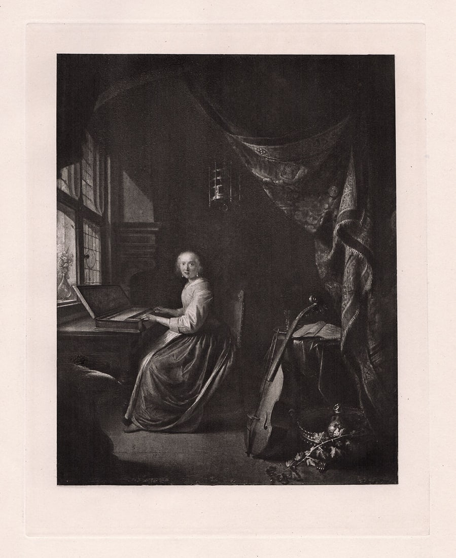 Gerrit Dou Lady Playing on the Virginals 1887 Antique Print: Gerrit Dou. (also known as Gerard and Douw or Dow) (Dutch, 1613-1675). Lady Playing on the Virginals. Antique Heliogravure on wove paper after the original painting by master Engraver Dujardin. 1887.