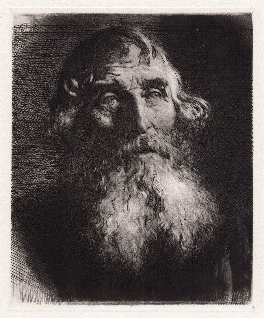 Sir Herbert von Herkomer Portrait of a Bearded Man 1880 etching: Sir Herbert von Herkomer. (Hubert Herkomer) (British, 1849-1914). Portrait of a Bearded Man. Antique hand pulled copper plate etching on laid paper. 1880. Excellent. Image Size 4 3/4 x 5 7/8 inches. A