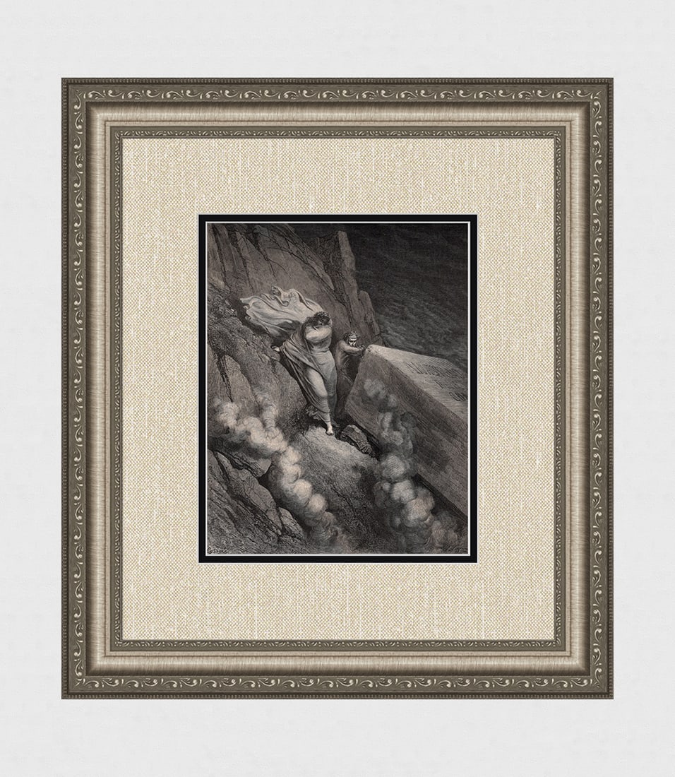 Gustave Dore The Seventh Cirlce Enferno c. 1880 Wood Engraving: Gustave Dore (Paul Gustave Louis Christophe Dore) (French, 1832-1883). Chant 11. On the Edge of the Seventh Circle - Anastasius II . (Dante's Divine Comedy Enferno). Antique Wood Engraving wove paper