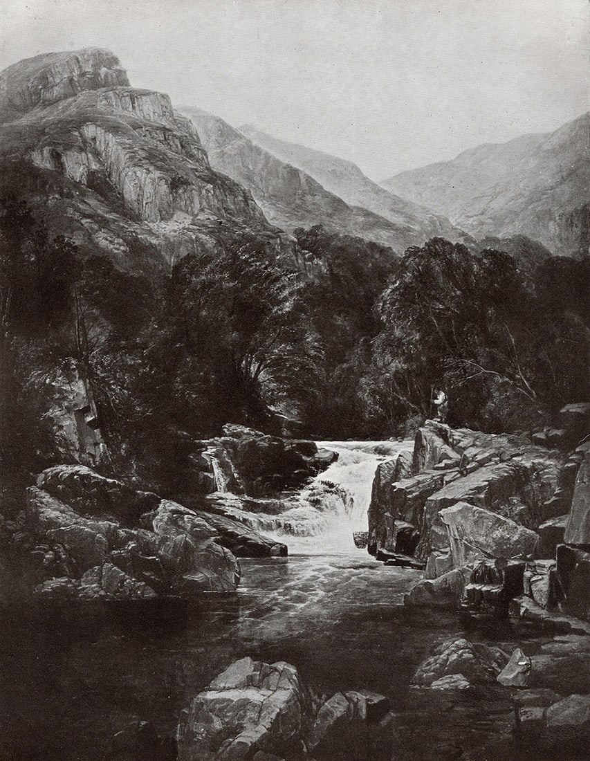 Thomas CRESWICK Antique Print The falls of the River Tummel FRAMED: Thomas Creswick (English, 1811 - 1869). Scene on the Tummel, Perthshire. Antique heliogravure on wove paper after the original oil painting by a Master Engraver. Year: 1908. Image Size 7 1/4 x 9 3/8 i