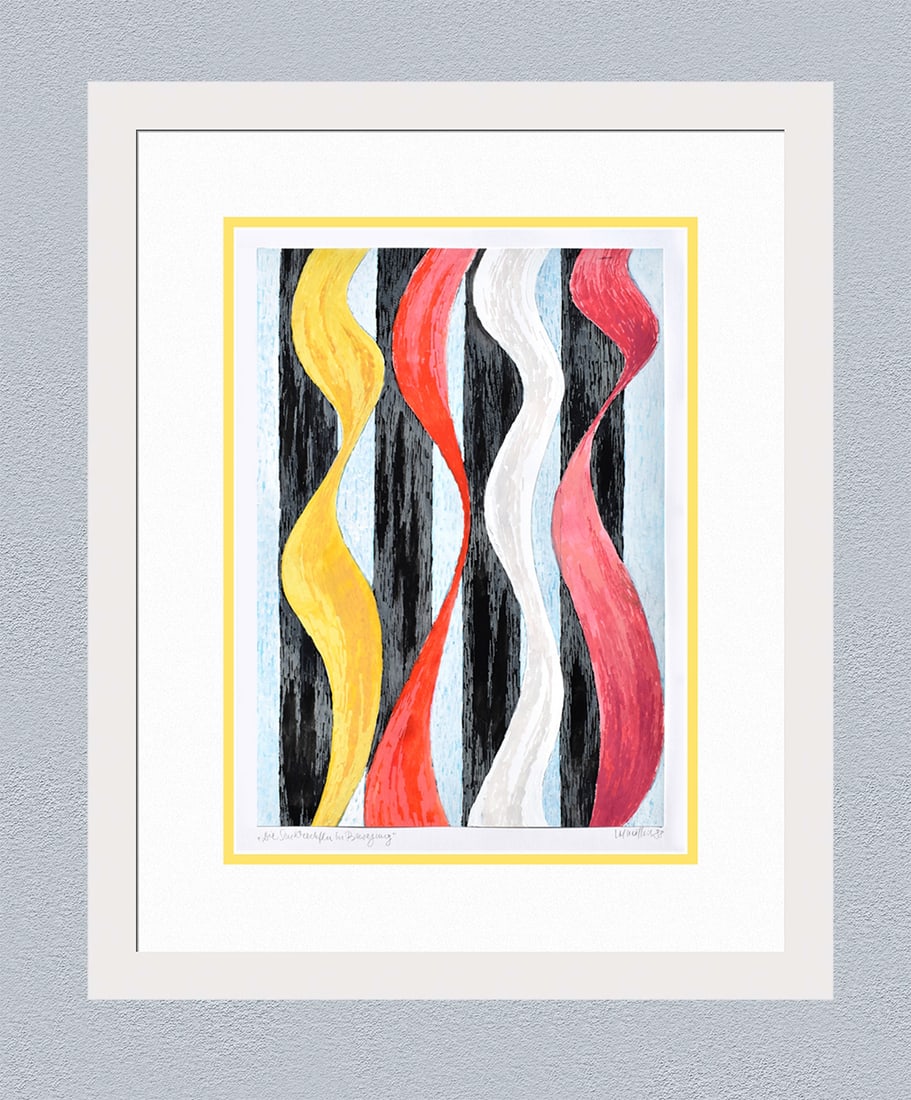Mathis Original Gouache Ribbons in Motion Framed Swiss: Josef Johann Mathis (Joe Mathis, 1913 - 2002; Swiss). The Verticles in Movement (Die Senkrechten in Bewegung). Original Mixed Media Gouache on paper. Year: 1988. Hand signed and dated in pencil, lower