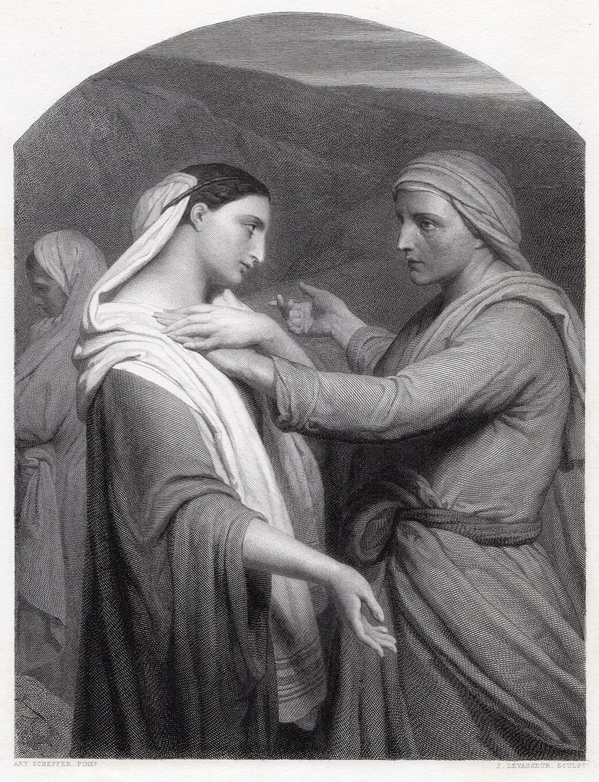 Ary Scheffer Ruth and Naomi engraving signed: Ary Scheffer. (Dutch-French, 1795-1858). Ruth and Naomi. Antique steel engraving on wove paper after the original by master engraver J. Levasseur. 1878. Signed in the plate. Excellent. Image Size 7 3/