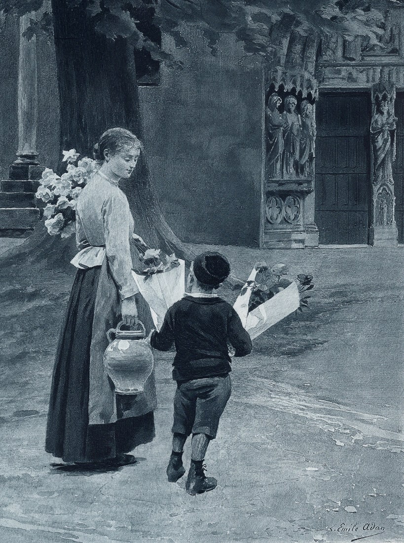 Emile Adan 1800s Antique Print Flowers for the Virgin FRAMED Signed: Louis Emile Adan (French, 1839-1937). Flowers For The Virgin. Antique heliogravure on heavy wove paper after the original. Year: c. 1890. Signed in the plate lower right. Image Size 8 5/8 x 12 1/8 inc