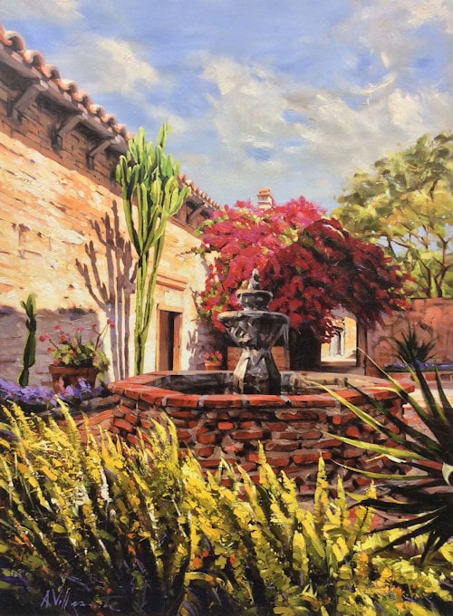 Garcia Villasante Mediterranean Fountian Oil Painting 30 x 40: Garcia Villasante. Fountian. Original oil painting on canvas. Canvas Size 30 x 40 inches. Villasante was born in 1965 in the poorest section of Peru, Puno. At the age of 7 he was taken to the port of