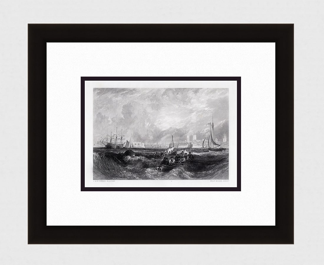 William TURNER SIGNED 1800s Engraving Portsmouth, Hampshire FRAMED: Joseph Mallord William Turner (English, 1775-1851). Portsmouth, Hampshire. Antique engraving on wove paper after the original by master engraver William Miller (Scottish, 1796 - 1882). Year: 1878. Ref