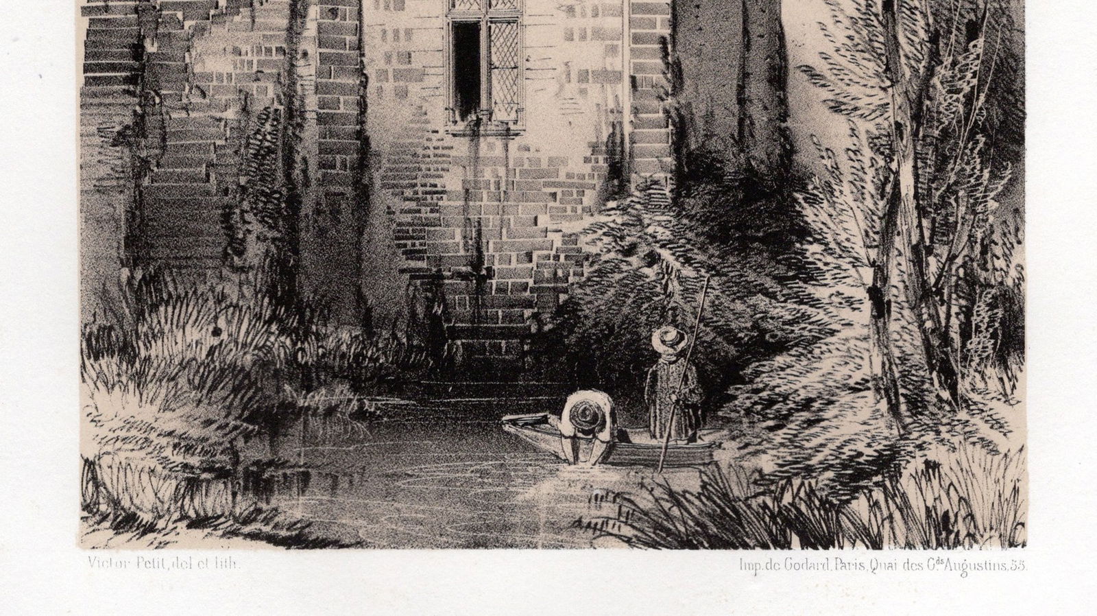 1800s Original Victor PETIT Lithograph Chateau de Maulny FRAMED SIGNED: Victor Jean Baptiste Petit (French 1817-1871). Château de Maulny, Haute-Marne (Maulny Castle, Haute-Marne). Original tinted lithograph on strong vellum paper. Year: 1860. Signed in the plate. Publish