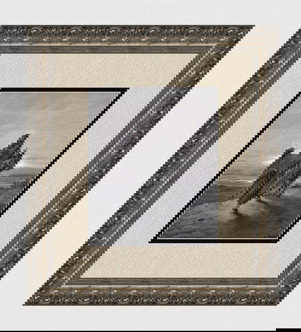 1800s Gustave DORE Religious Woodcut Joseph Leading Mary & Jesus SIGNED FRAMED: Gustave Dore (Paul Gustave Louis Christophe Dore) (French, 1832-1883). The Flight Into Egypt (from Dore's Bible). Antique woodcut wove paper after the original by a master wood engraver John Quartley