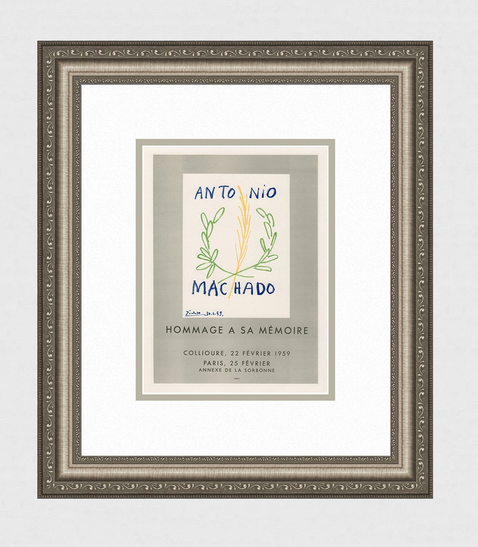 Pablo Picasso Hommage Antonio Machado 1959 lithograph: Pablo Picasso. (1881-1973). Hommage Antonio Machado. Color Lithograph after the Original Poster. 1959. Signed in the plate. Excellent. Sauret. Atelier Mourlot. Image Size 6 1/2 x 9 inches. Approximate