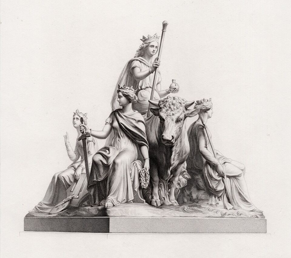 1800s Patrick McDowell Engraving Europe, The Three Queens FRAMED: Patrick McDowell (Patrick MacDowell) (British, 1799-1870). Europe. Antique engraving on wove paper after the original grouping by master engraver William Callis Roffe (British, 1817-1902). Year: 1871.